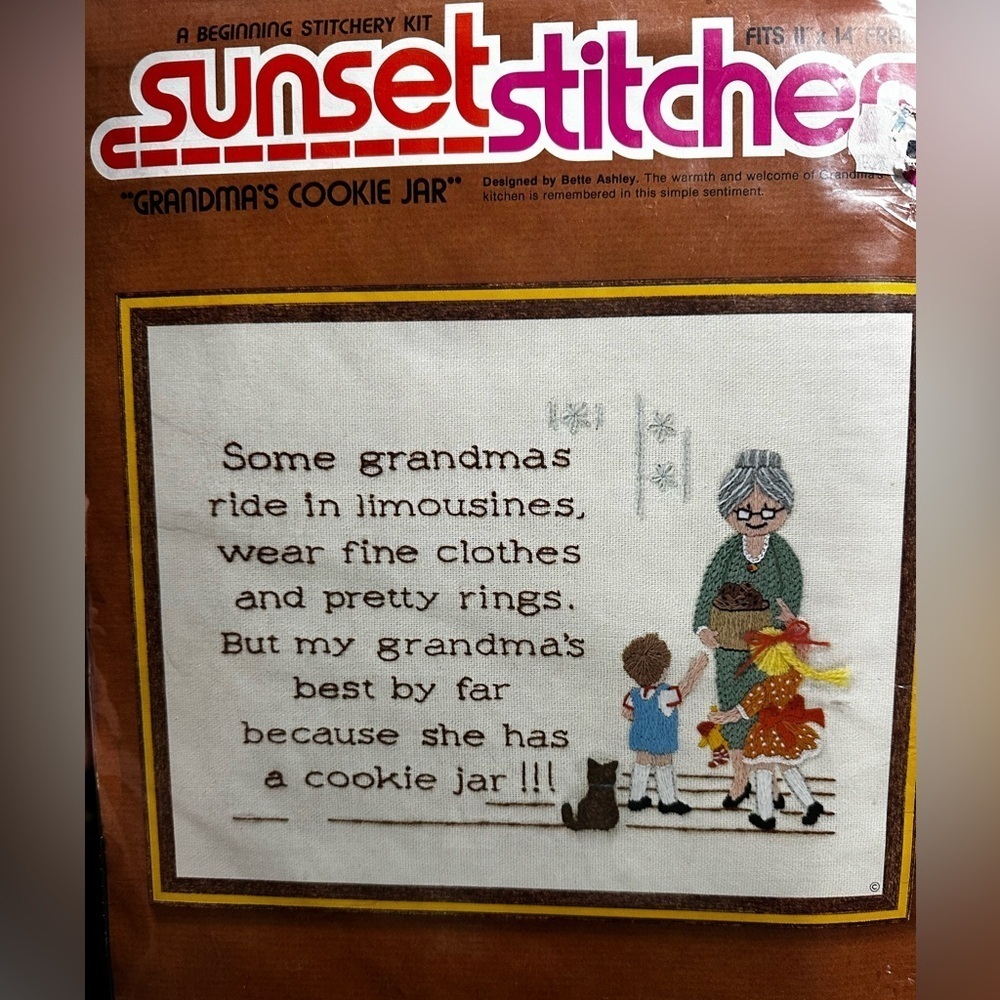 Vtg 1973 GRANDMA'S COOKIE JAR Sunset Stitchery CREWEL EMBROIDERY KIT 11x14 NIP